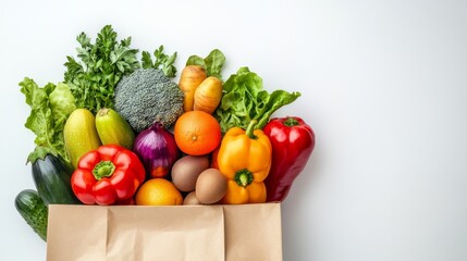 Fresh fruits and vegetables in a paper bag on a white background.  This shows healthy eating and food delivery or shopping.

