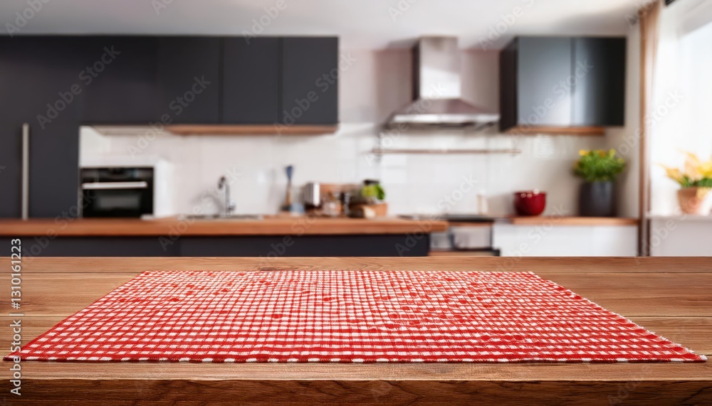 Aufkleber rustic charm empty wooden table with red checkered tablecloth against a blurred backdrop of kitchen 