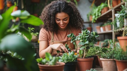 A woman is repotting plants in her home garden this spring.

