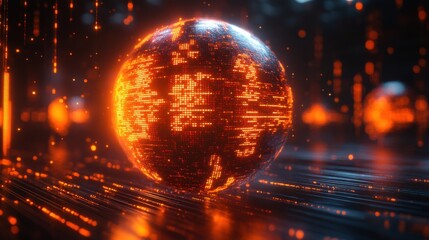 A glowing sphere of code surrounded by floating data particles. Future and technology concept