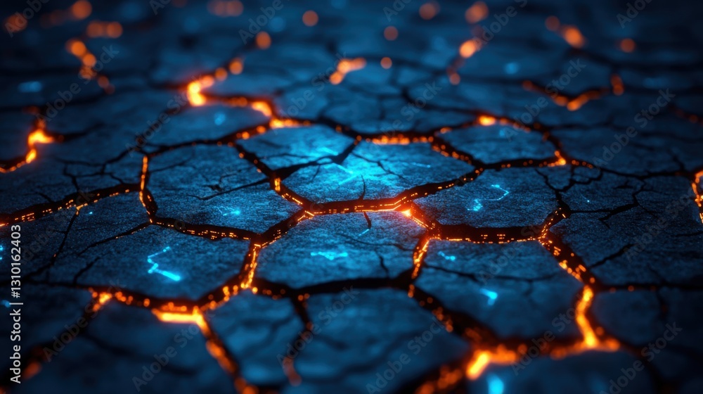 Aufkleber cracks in the dark surface through which glare of digital data is visible. concept of the future, te