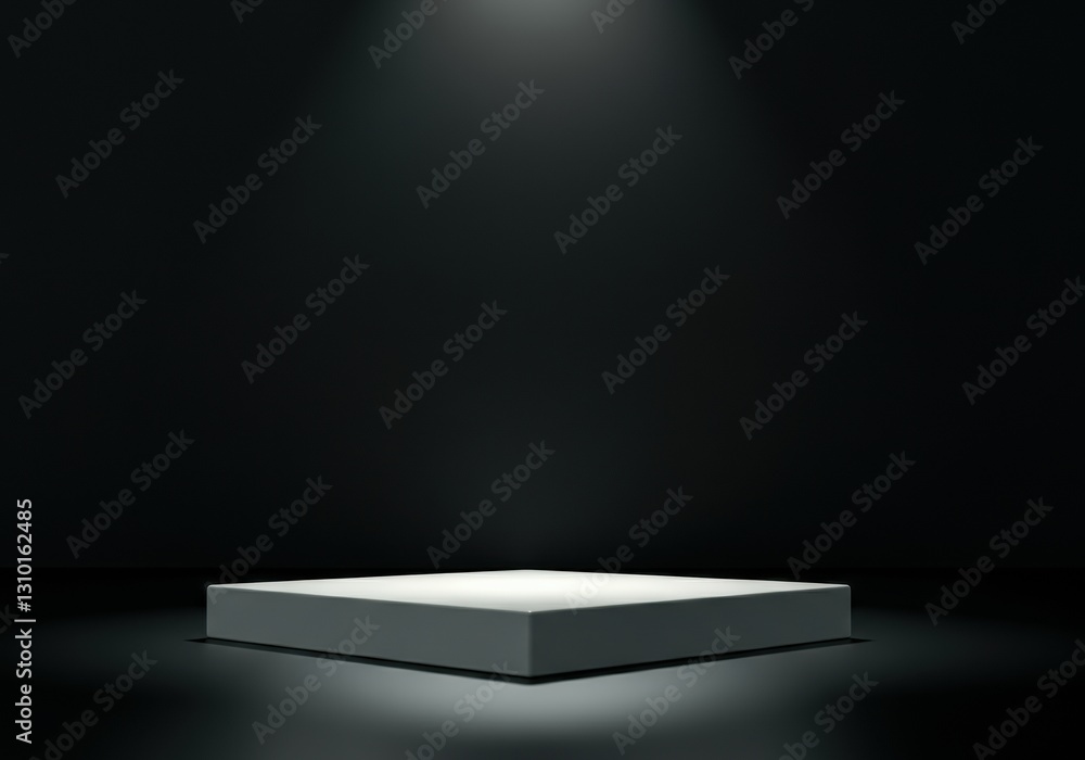 Poster minimalist mockup display platform illuminated in a dark environment