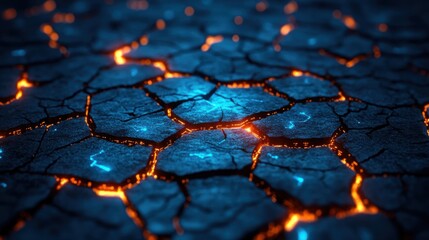 Cracks in the dark surface through which glare of digital data is visible. Concept of the future, technologies. Bright abstraction