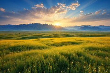Fototapeta premium arafed view of a field of grass with mountains in the background