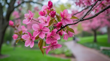 Fototapeta premium Pretty pink flowers bloom in Columbus, Ohio's Goodale Park in early spring. 