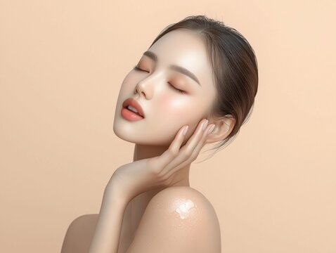 Glowing Skin Beauty Portrait of Asian Woman with Natural Korean Makeup