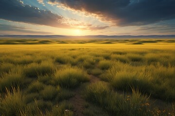 grassy field with sun setting in the distance