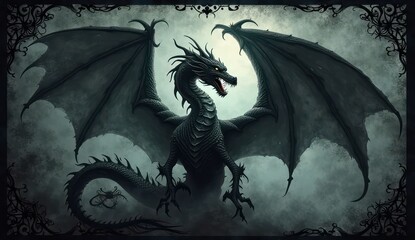 shadowy gothic border with dragon heads and mist