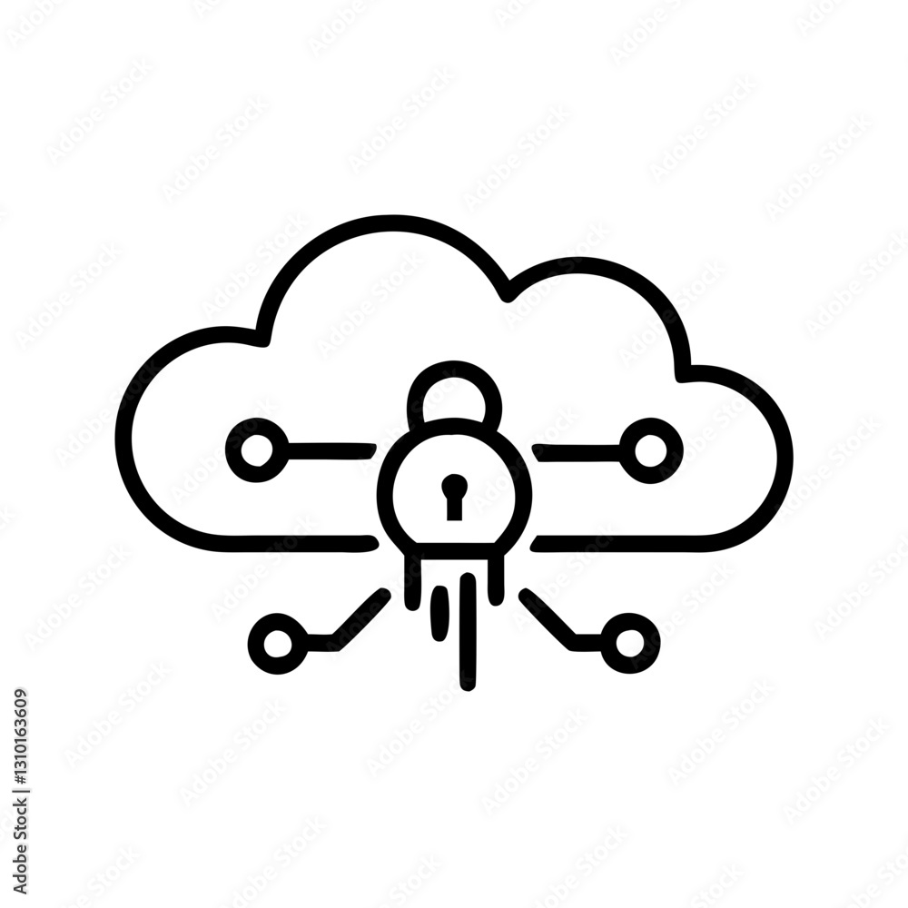 Poster data encryption icon with cloud and padlock, cybersecurity concept