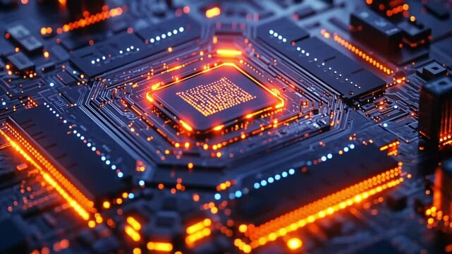 High-tech CPU on circuit board, glowing, close-up view, possible use in tech articles or presentations