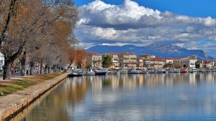 Fototapeta premium Picturesque waterfront promenade, Greece, with boats and buildings reflected in calm water