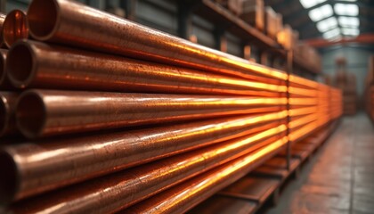 Warehouse photo of shiny copper pipes stack. Orange, gold tones on metal tubing. Cylindrical industrial material for plumbing, construction, infrastructure. Metalwork detail. Supply, engineering