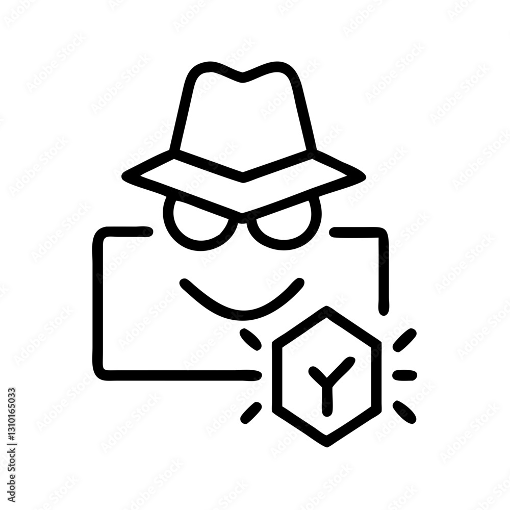 Poster hacker icon smiling with security symbol, cybersecurity concept