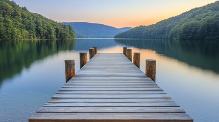 Serene sunrise over calm lake, wooden dock extends to tranquil waters