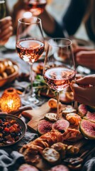 Fototapeta premium Gathering around a beautifully arranged table, friends enjoy a delightful dinner party complete with exquisite dishes and sparkling drinks, creating unforgettable moments together
