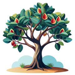 Vibrant illustration of a fruiting tree with colorful leaves and ripe fruit