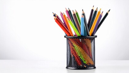 colorful pencils in a black basket over a white background