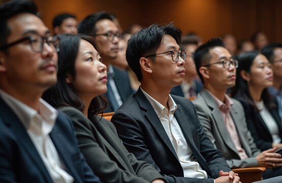 Asian people listen panel discussion sitting in amphitheater. Young audience watches seminar, meeting, presentation. Teamwork, education, conference, convention. Diverse group listens to business