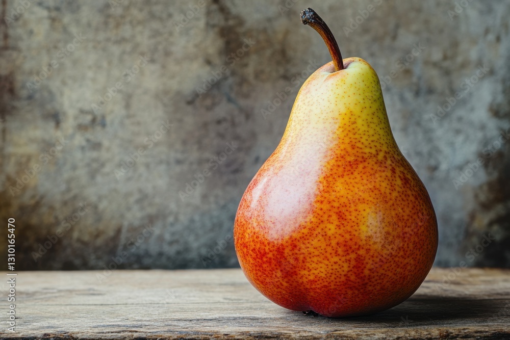 Poster Fresh and ripe pear resting on a rustic wooden surface with a textured backdrop highlighting its vibrant colors