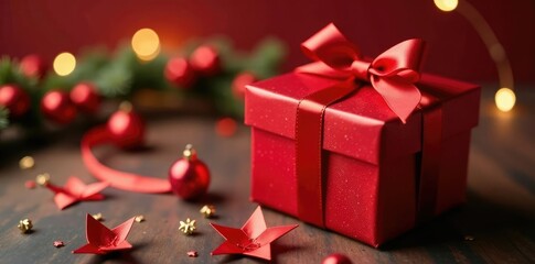 Obraz premium Decorated red gift box with bows and garlands, decoration, gift