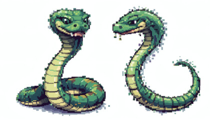 Naklejka premium Charming 8-bit Pixelated Snake, Front-Facing Coiled and Side View Slithering, Isolated on White Background for Retro Game Aesthetic.png