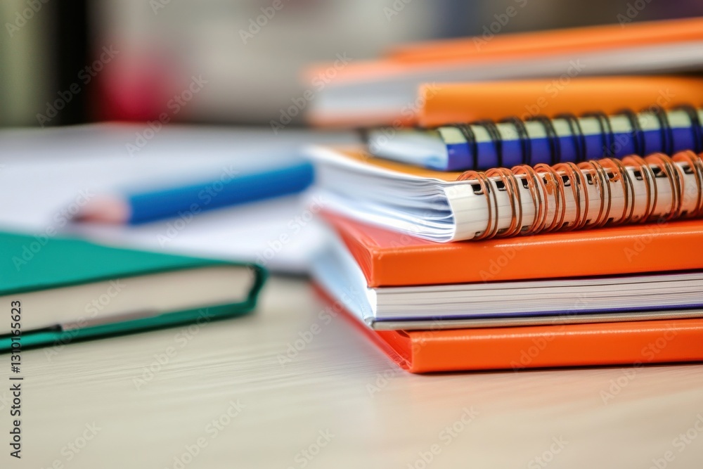 Poster bright stationery collection showcasing notebooks and pens on a workspace table