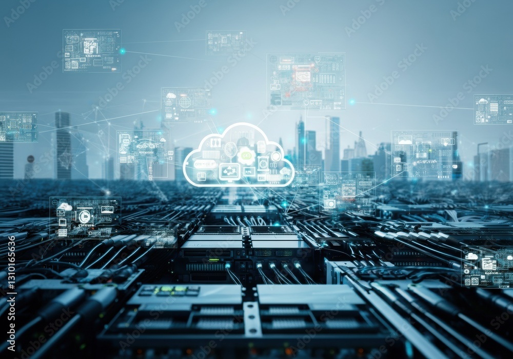 Poster futuristic cloud computing concept with city skyline and digital interfaces