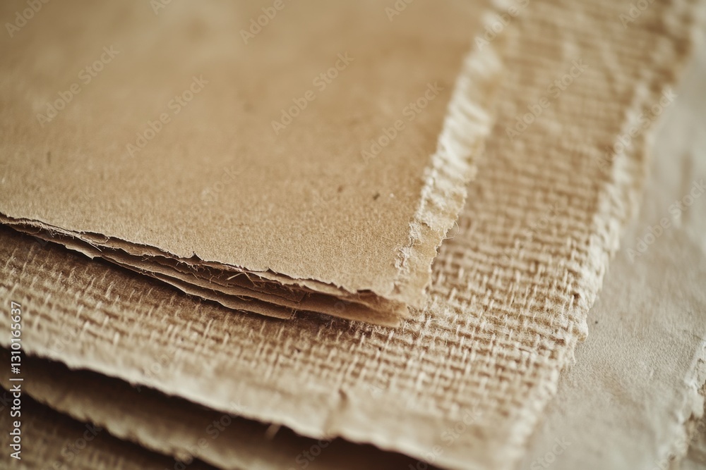 Poster textured sheets of brown paper stacked together on a flat surface in a natural light setting