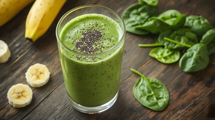 Realistic image of a green smoothie made with spinach, banana, almond milk, & chia seeds, clear glass, sliced fruit,  wooden table