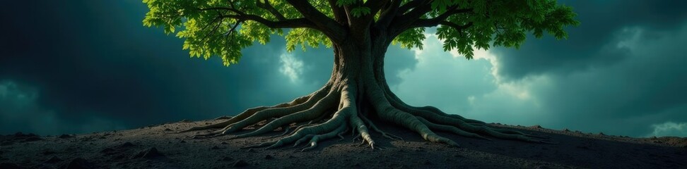 Naklejka premium Deep roots stretch down into darkness, supporting ancient tree, earthy, organic, nature