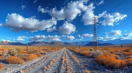 Desert dirt road, power lines, mountains, cloudy sky