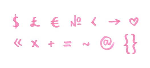 Special Characters and Punctuation Symbol Set, Hand-drawn Marker Glyphs with pink color on White Background
