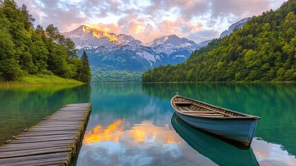 Serene sunrise over mountain lake, boat at dock