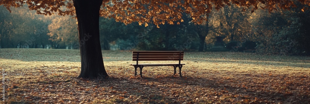 Fototapete solitary bench under a tree with fallen leaves in a tranquil park during soft autumn light generativ