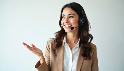 Cheerful female customer service agent wears headset. Woman gestures to side. Brunette with toothy smile works in call center, hotline support at help desk.