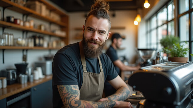 Bearded tattooed barista in apron posing looking to camera in a coffee shop