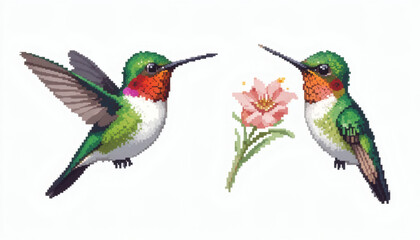 Fototapeta premium 8-bit pixel art small hummingbird, isolated on white background, front-facing hovering and side view sipping nectar, retro game style, pixelated bird, nostalgic hummingbird sprite.