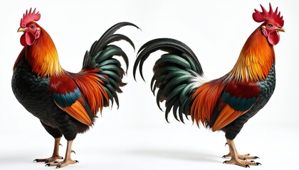 Fototapeta premium Two colorful roosters isolated on white background. Poultry farming illustration. Domestic fowl with vibrant feathers. Farm animal agriculture. Rooster, cockerel, hen, chicken - symbol of 2029 year.