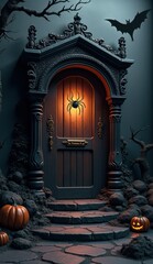 Obraz premium ancient gothic doorway with dragon reliefs and fog