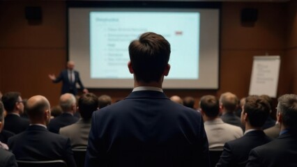 Male speaker giving presentation in hall at university workshop. Audience or conference hall. Rear view of unrecognized participants in audience. Scientific conference event, training