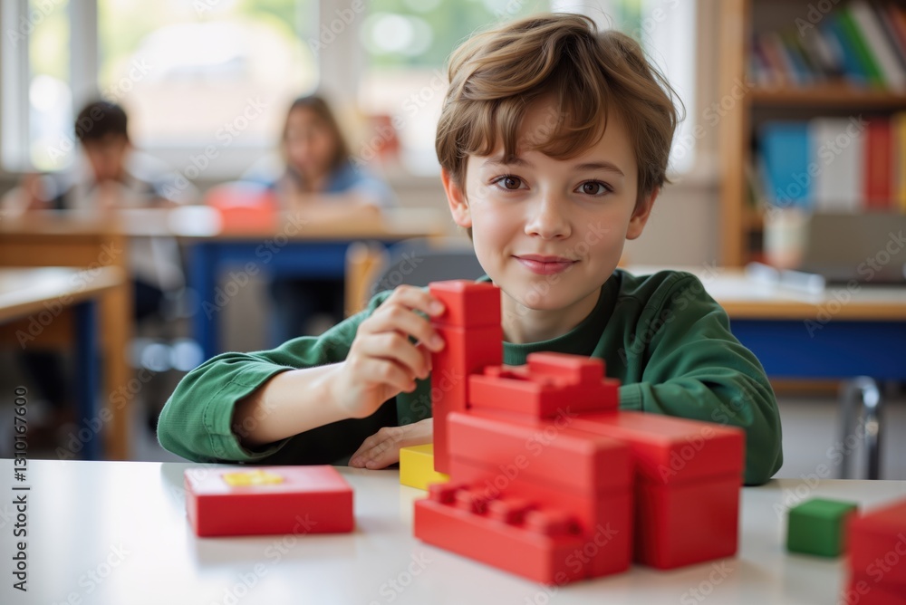 Poster young boy building a structure with colorful blocks, developing problem solving skills in an educati