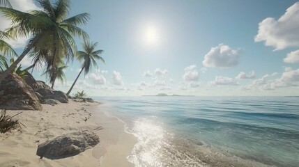 Tropical island beach scene, sun shining, calm ocean, idyllic paradise