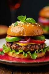 Hamburguesa de carne molida en un fondo rosa suave, alimento ligero, comida mexicana