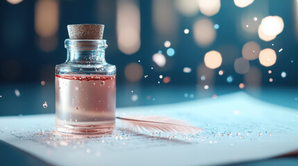 Glass bottle with pink liquid and feather against bokeh background