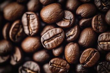Fototapeta premium Freshly roasted coffee beans arranged closely together, showcasing their rich texture and color