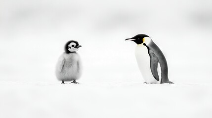Obraz premium A pair of penguins perched atop a snow-covered ground against a white backdrop