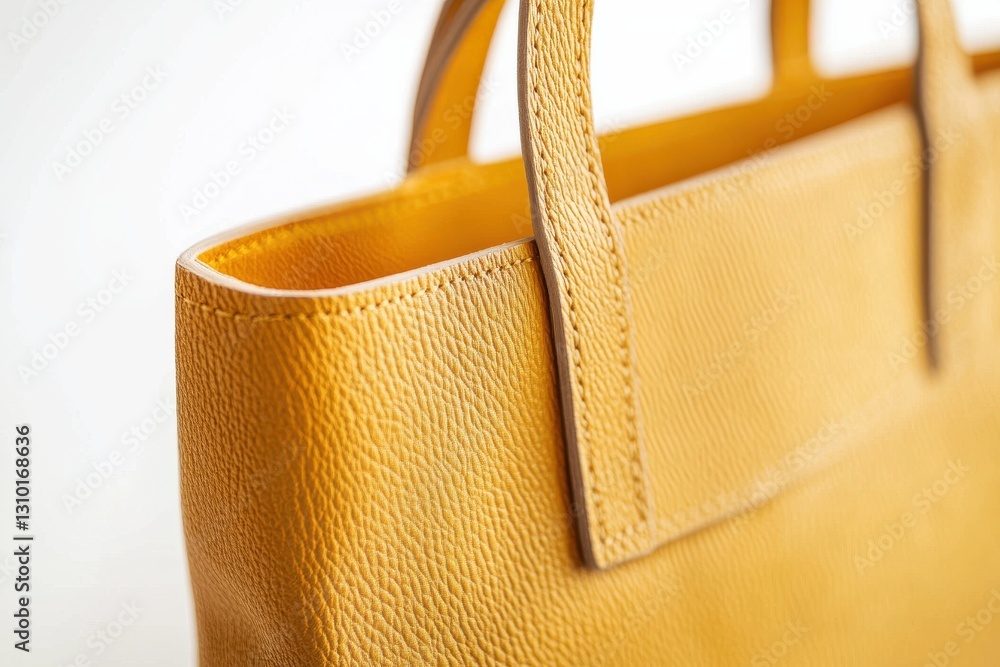 Poster Stylish yellow leather handbag showcasing intricate texture and design under soft lighting in a minimalist setting