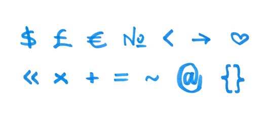 Special Characters and Punctuation Symbol Set, Hand-drawn Marker Glyphs with light blue color on White Background