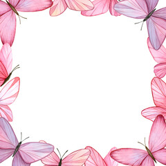 Frame with pink butterflies. Watercolor hand painted illustration. Isolated element on a white background. For design of invitational, greeting cards, certifications, advertisement.