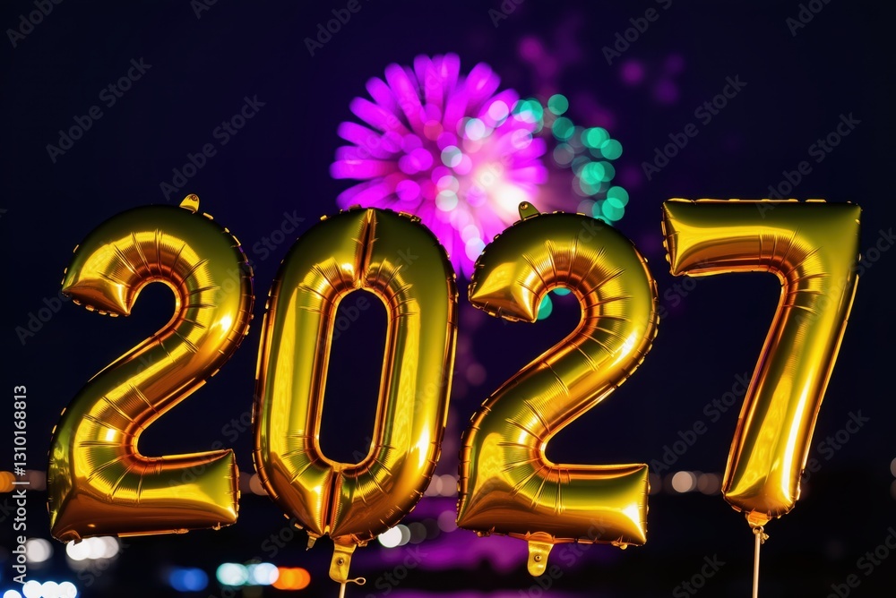 Poster inflatable golden balloons forming the number 2027 celebrating the new year with fireworks exploding